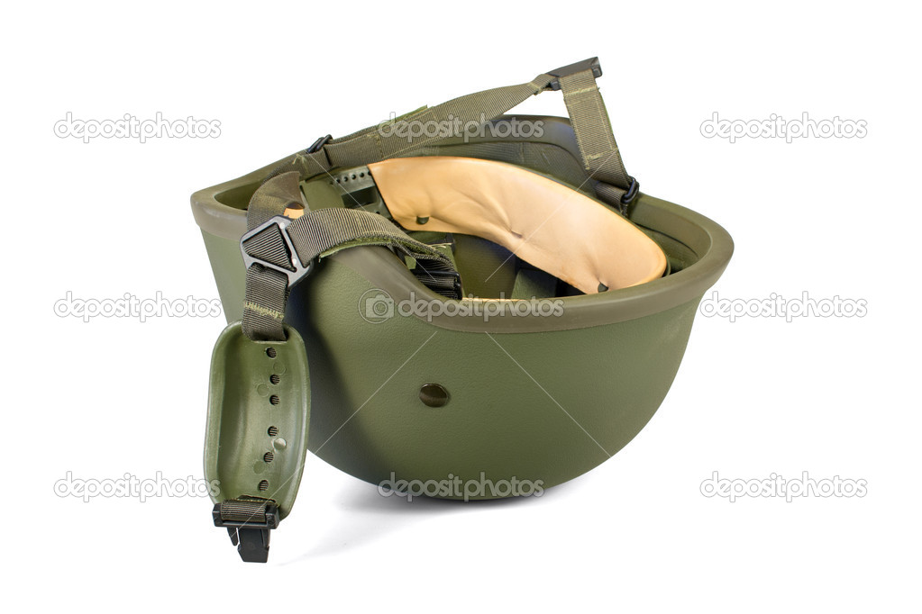 Military combat helmet with chin strap inverted and isolated on white background. Clipping path (without shadow).