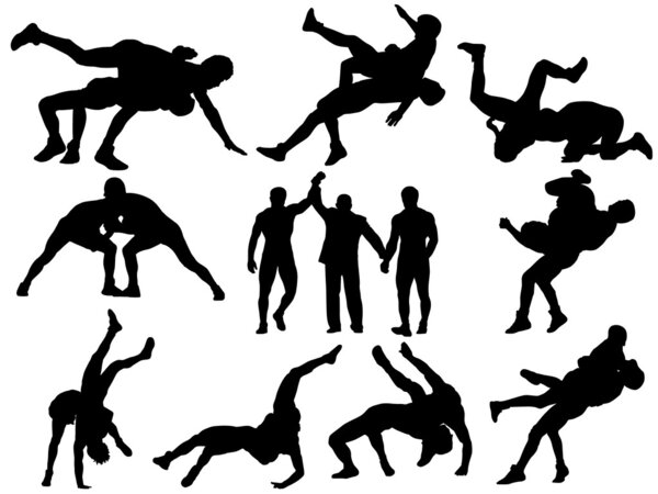 Wrestlers and referee silhouettes on white background