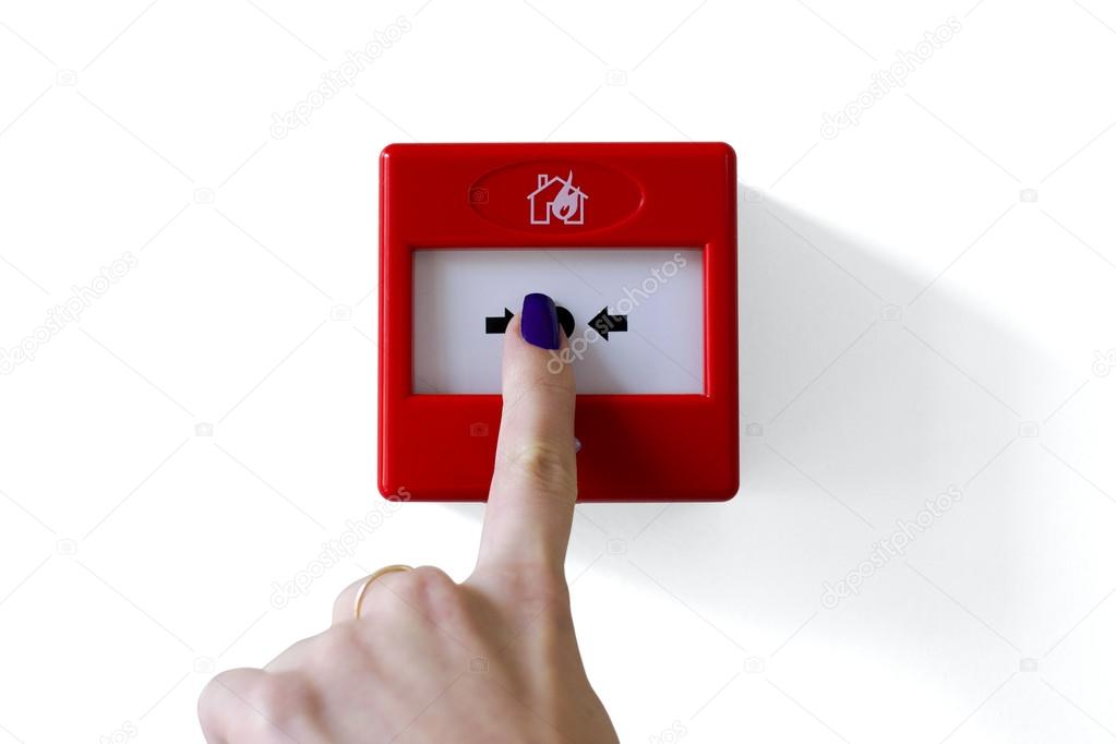 Fire alarm trigger button being pressed by a finger, isolated on white, clipping path.