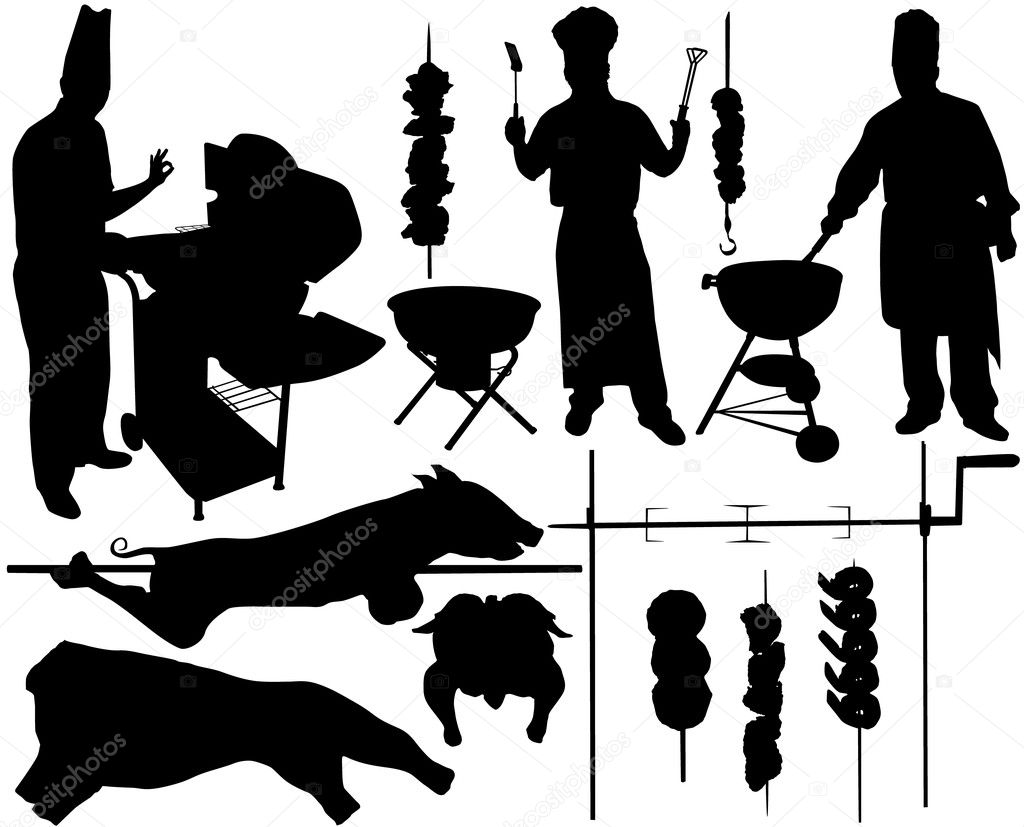 BBQ (barbecue), chef, spit, pork, beef, skewer vector silhouettes. Layered. Fully editable