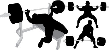 Powerlifting, weightlifting or bodybuilding vector silhouettes on white background. Bench press, deadlift, squat. Layered. Fully editable. clipart