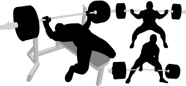 Powerlifting, Gewichtheben oder Bodybuilding-Vektor-Silhouetten auf weißem Hintergrund. Bankdrücken, Kreuzheben, Kniebeuge. Mehrschichtig. Voll editierbar. — Stockvektor