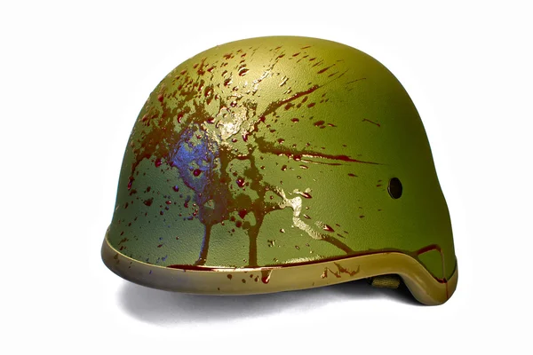 Military or police helmet with blood splattered, isolated on white, clipping path (without shadow). — Stock Photo, Image