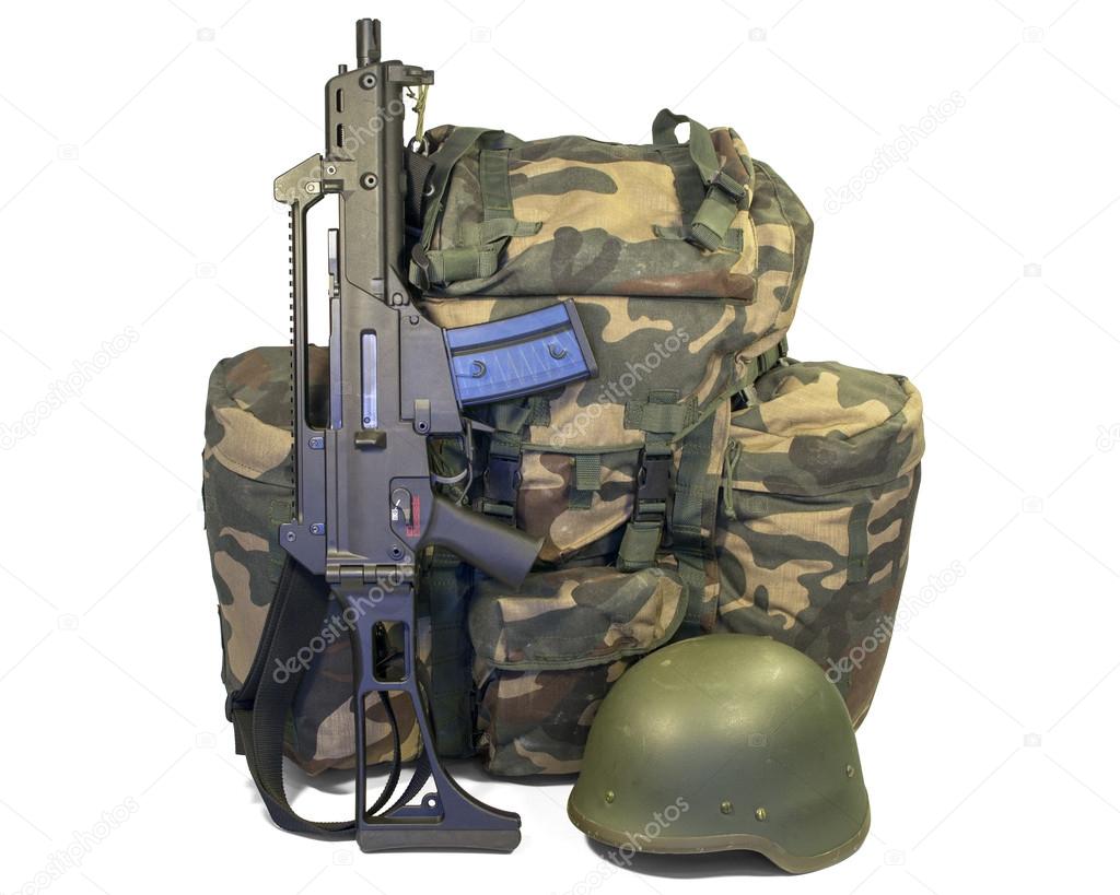 Soldier equipment: automatic rifle, backpack, helmet. Isolated on white background. Clipping path.