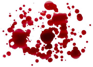 Kan damlacıkları (splatters) üzerinde beyaz izole. kırpma yolu.
