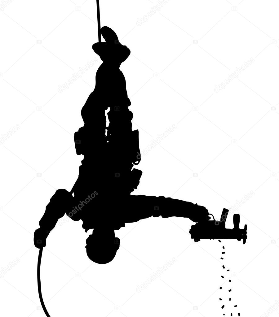SWAT team soldier shooting while rappelling upside down vector silhouette. Fully editable