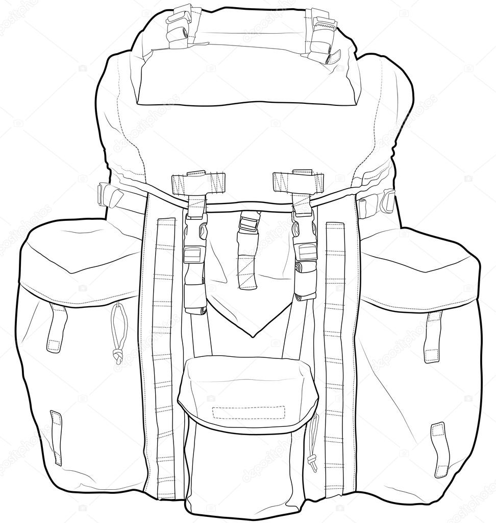 Military backpack outline vector drawing. Very detailed. Fully editable.