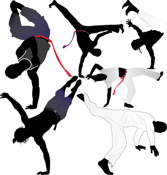 Capoeira siluetas vectoriales de combate sobre fondo blanco. Capas. Totalmente editable — Vector de stock