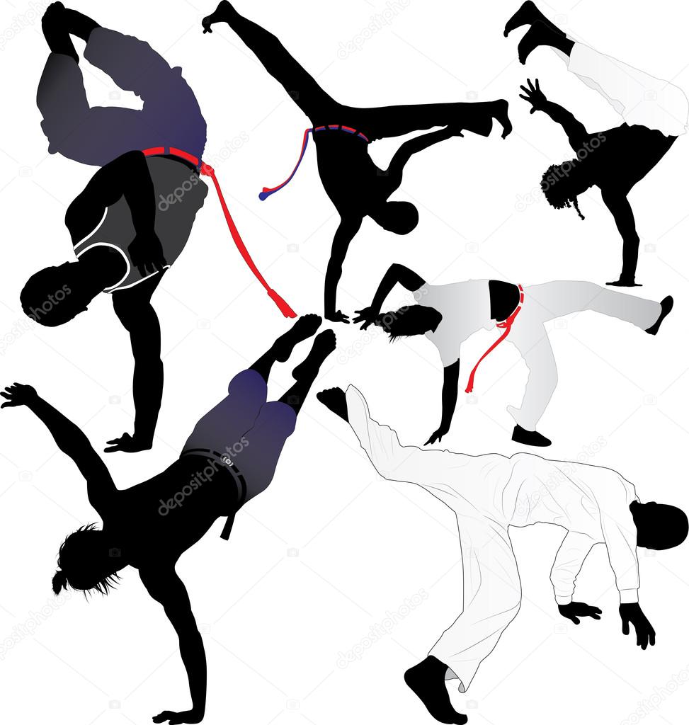 Capoeira fighter vector silhouettes on white background. Layered. Fully editable