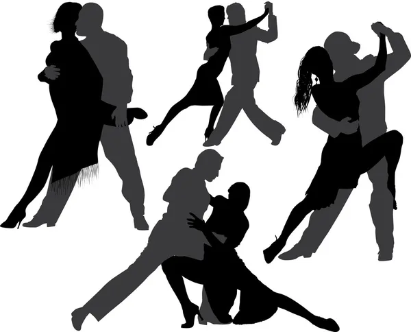 Silueta vectorial de baile tango sobre fondo blanco. Capas. Totalmente editable. Se puede transformar en siluetas completamente negras — Vector de stock