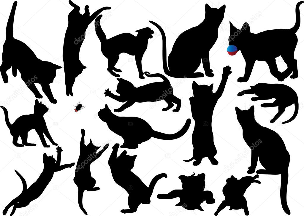 Cat and kitten vector silhouette on white background. WIth moustaches. Saved in EPS 10. Layered. Fully editable