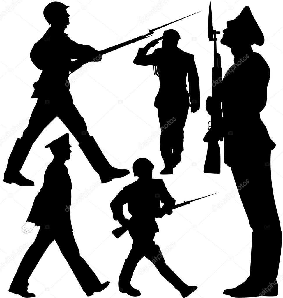 Soldiers marching and sentry guard vector silhouettes. Layered. Fully editable.