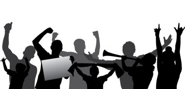 Tezahürat yapan seyirciler ya da spor hayranları vektör siluetleri. Katmanlı - her figür ayrı bir katmanda. Tamamen düzenlenebilir.