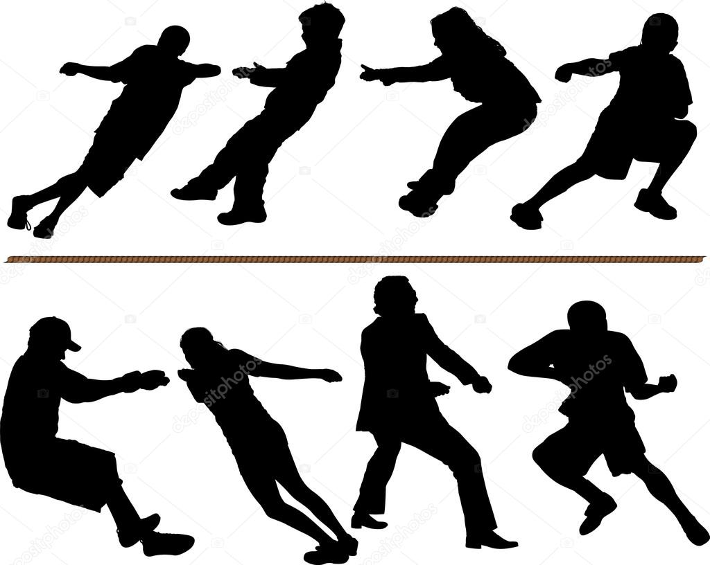 Tug of war or rope pulling vector silhouettes. Editable