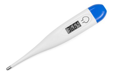 Elektronik vücut termometresi sağlıklı insan vücudunun sıcaklığı 36.6 notlar C (santigrat) görüntüleme. Beyaz izole. Kırpma yolu (gölge)