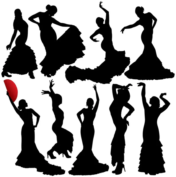 Conjunto de siluetas vectoriales de baile flamenco y salsa para mujeres. Capas. Totalmente editable . — Archivo Imágenes Vectoriales