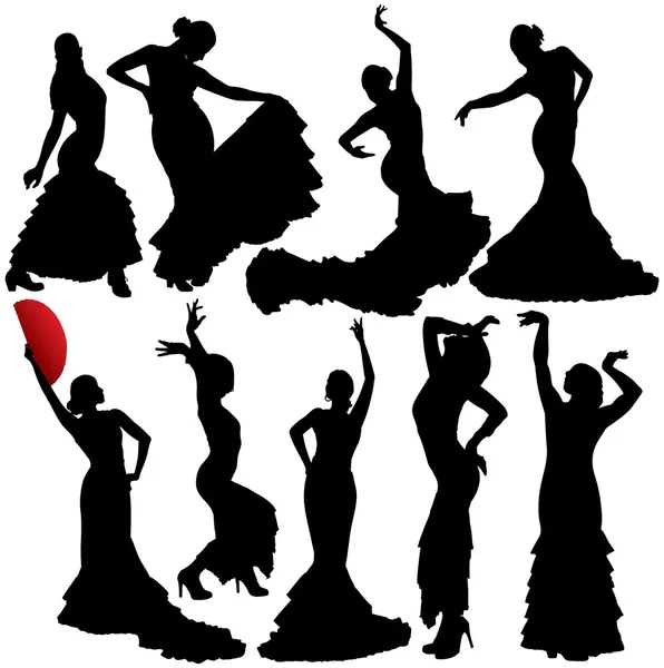 Vrouwen flamenco en salsa dansen vector silhouetten set. gelaagde. volledig bewerkbaar. — Stockvector
