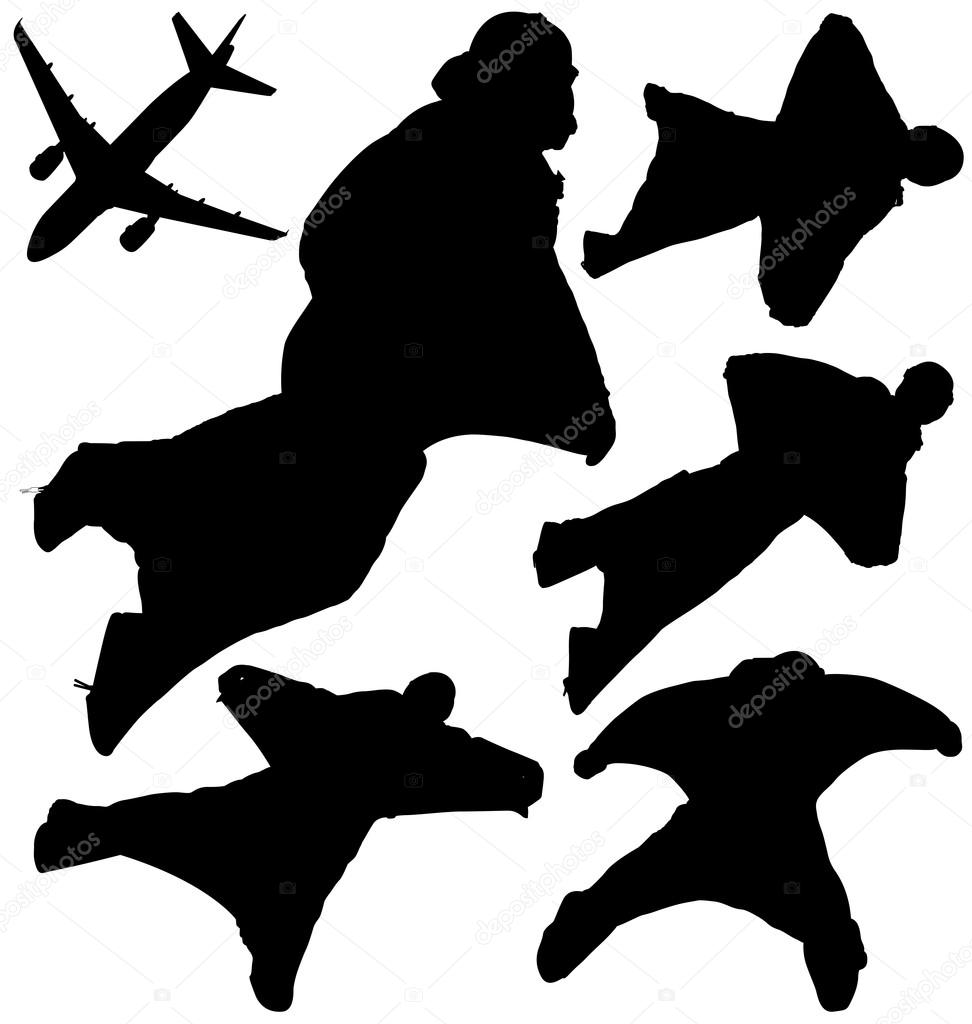 Wingsuit skydivers and plane vector silhouettes. Layered and fully