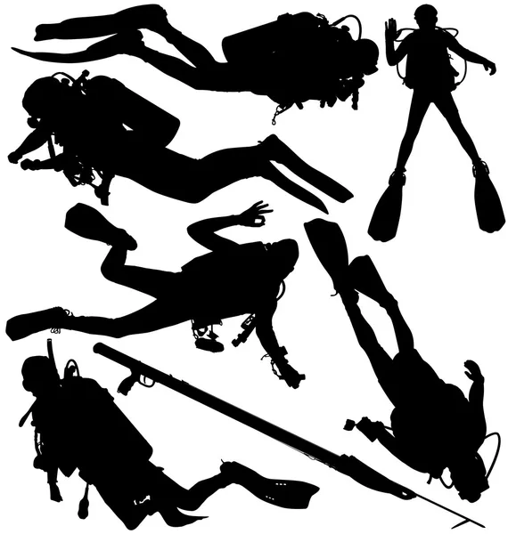 Scuba diver en onderwatergeweer vector silhouetten. gelaagd en volledig bewerkbaar — Stockvector