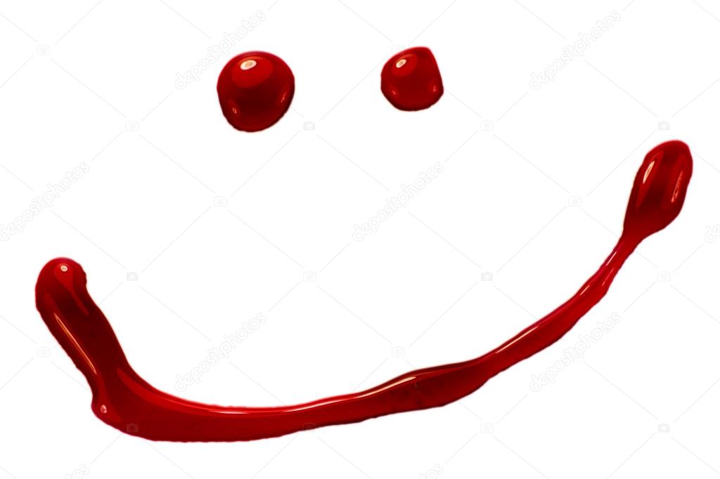 Blood, jam or red paint droplets smiley. Isolated on white. Clipping path