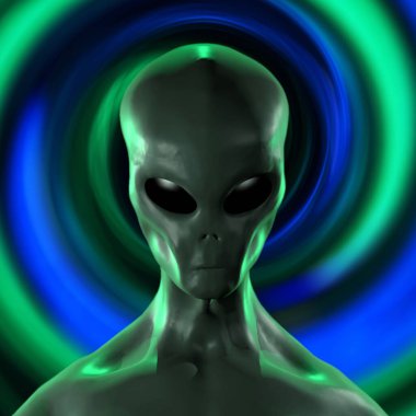 Üç boyutlu, girdaplı bir arka planda insansı uzaylı portresi.