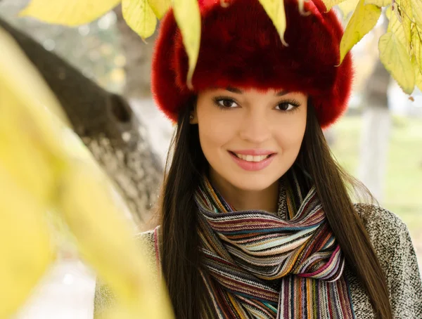 Sexy young brunette girl in autumn scene. — Stock Photo, Image