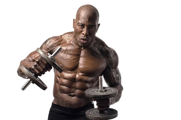 Sterke bodybuilder man met perfecte abs, schouders, biceps, triceps en borst — Stockfoto