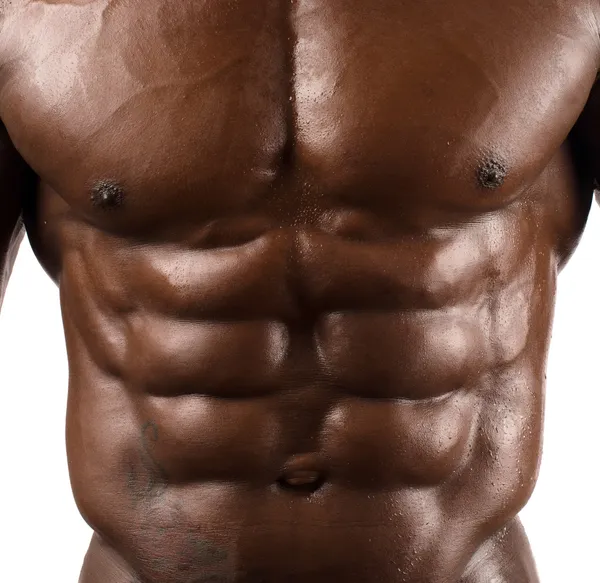 Hautnah auf perfekte Bauchmuskeln. Starker Bodybuilder mit Sixpack — Stockfoto