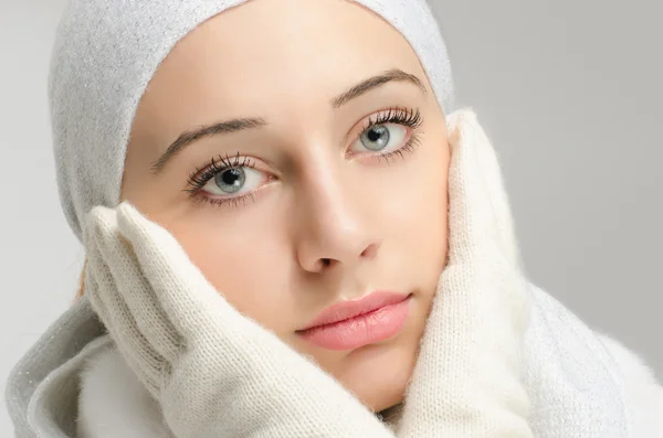 Close up portrait on beautiful woman face. Gorgeous snow white's face. Girl with big blue eyes — Stock Photo, Image