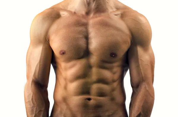 Close up on perfect abs. Strong bodybuilder with six pack — Stock Photo, Image