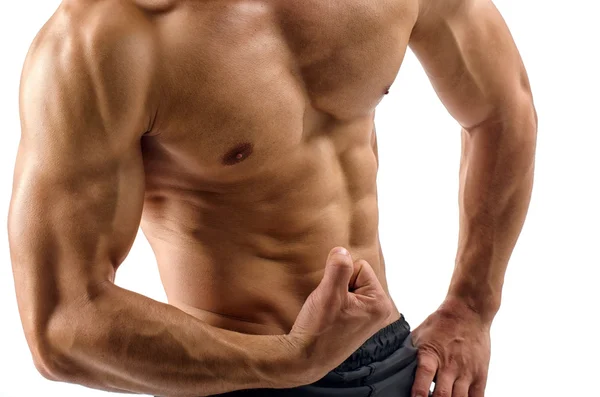 Close up on perfect abs. Strong bodybuilder with six pack — Stock Photo, Image