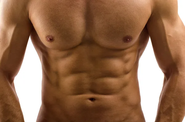 Close up on perfect abs. Strong bodybuilder with six pack — Stock Photo, Image