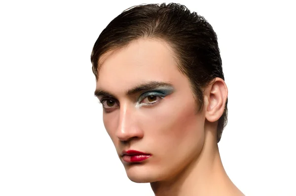 Man bär utgör, porträtt av en drag queen, halva ansiktet med make-up, hälften kvinna hälften man — Stockfoto