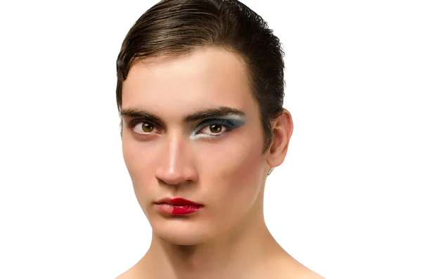 Homme maquillé, Portrait d'une drag queen, moitié visage maquillé, moitié femme moitié homme — Photo