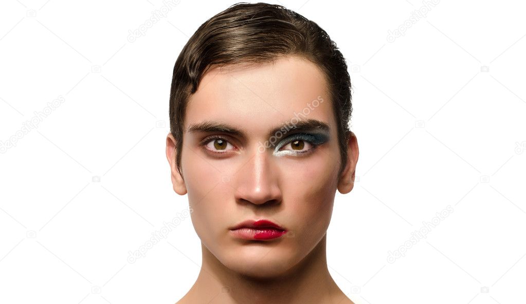Man wearing make up, Portrait of a drag queen, half face with make-up, half woman half man