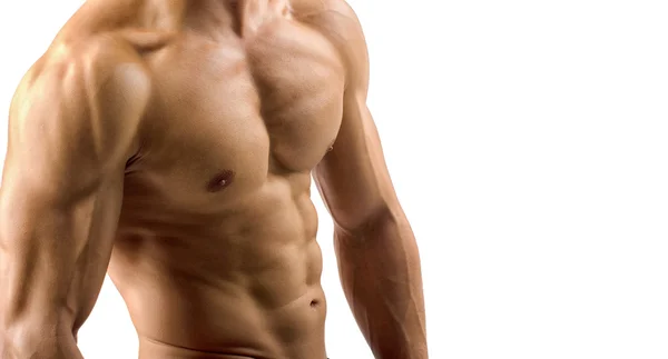 Close up on perfect abs. Strong bodybuilder with six pack — Stock Photo, Image