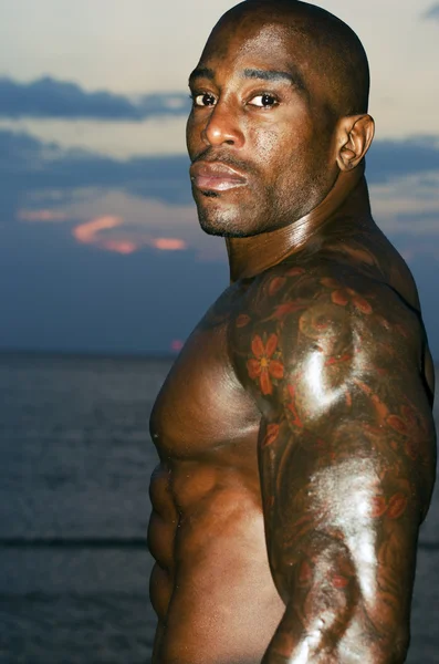 Siyah vücut geliştirmeci üstsüz. güçlü bir adam mükemmel abs, omuzlar, pazı, triceps ve güneş doğarken poz göğüs — Stok fotoğraf