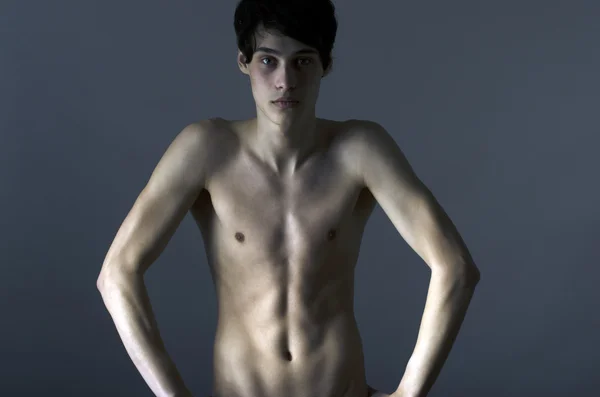 Skinny young man posing fashion, anorexic look, slim body — Stock Photo, Image