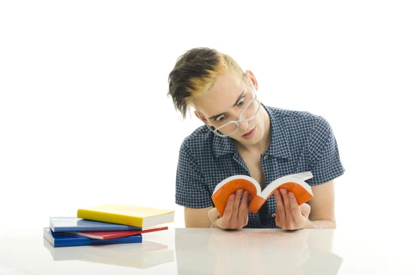 Student with eyeglasses studying for school, man holding many books for reading — Stock Photo, Image