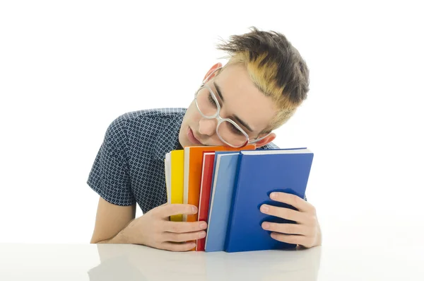 Student with eyeglasses studying for school, man holding many books for reading — Stock Photo, Image