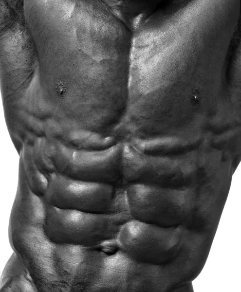 Close up on perfect abs. Strong bodybuilder with six pack — Stock Photo, Image