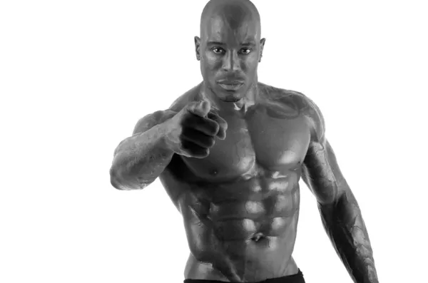 Jistý kulturista po vás jít tvrdě trénovat. silný muž s perfektní abs, ramena, biceps, triceps a hrudníku. izolované na bílém pozadí — Stock fotografie