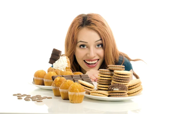 Woman in love with sweets, candies,chocolate and sugar — Stock Photo, Image