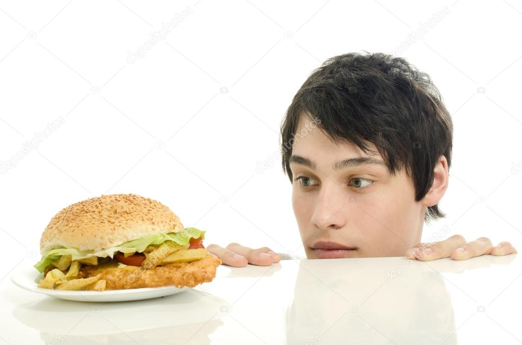 Man wanting for a big hamburger, fast food, take out for him