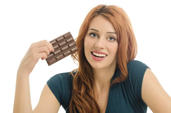 Šťastná žena jíst lahodný čokolády a s trochu cukru pro aktivní den — Stock fotografie