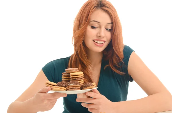 Mujer enamorada de dulces, caramelos, chocolate y azúcar — Foto de Stock