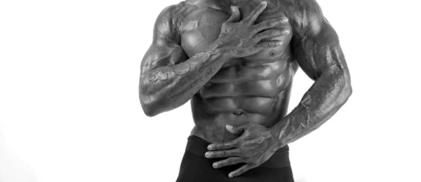 Close up on perfect abs. Strong bodybuilder with six pack — Stock Photo, Image