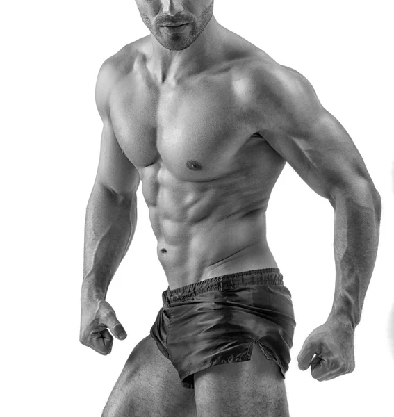 完美 abs、 肩膀、 肱二头肌、 肱三头肌和胸部的强健美男人 — 图库照片