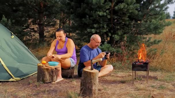Bir adam ve bir kadın, çadırın yanında evli bir çift akşam yemeği hazırlamak için ona yardım eder, ve adam aletlerle oynar, karısı yemin eder — Stok video