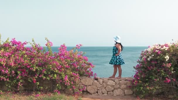 Una Mujer Morena Vestido Sol Sombrero Encuentra Una Pared Piedra — Vídeos de Stock